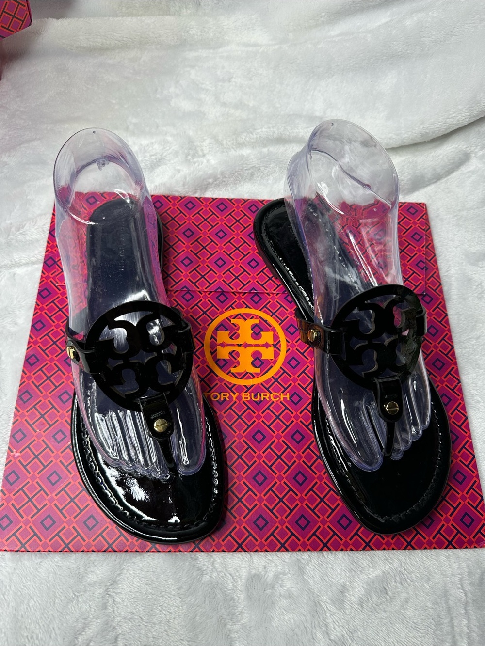 Tory Burch Black Patent Logo Thong Sandals
